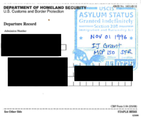 Diego's Form I-94, demonstrating his status as an asylee